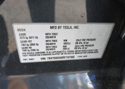 2024 Tesla Model Y Long Range Dual Motor All-Wheel Drive/Rwd из США, поврежденный, VIN 7SAYGDED0RF197366